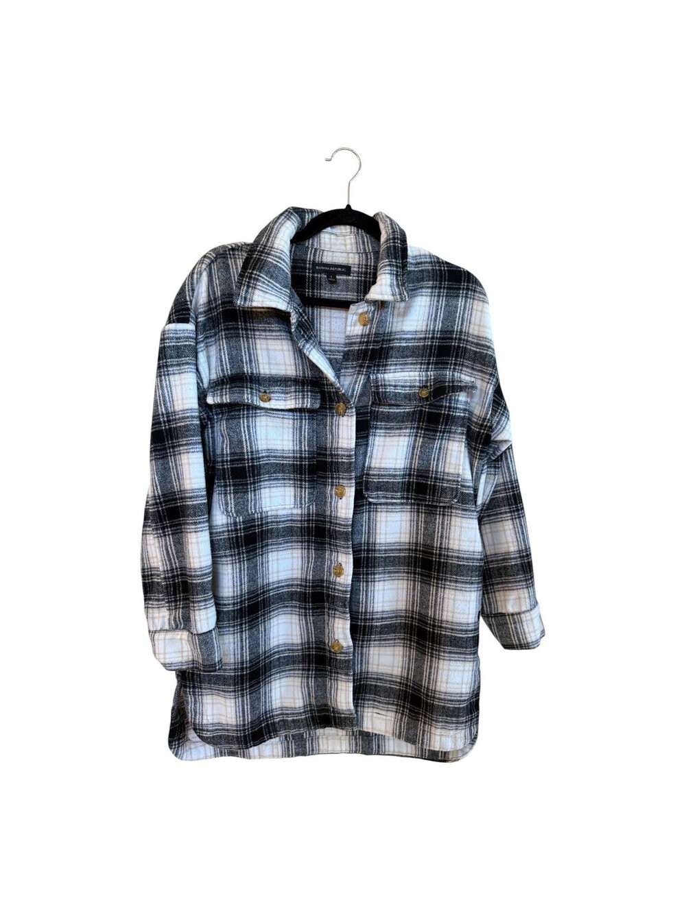 Banana Republic Plaid Shacket Jacket Button Front Pockets Black White Gray Sz S - Picture 2 of 8